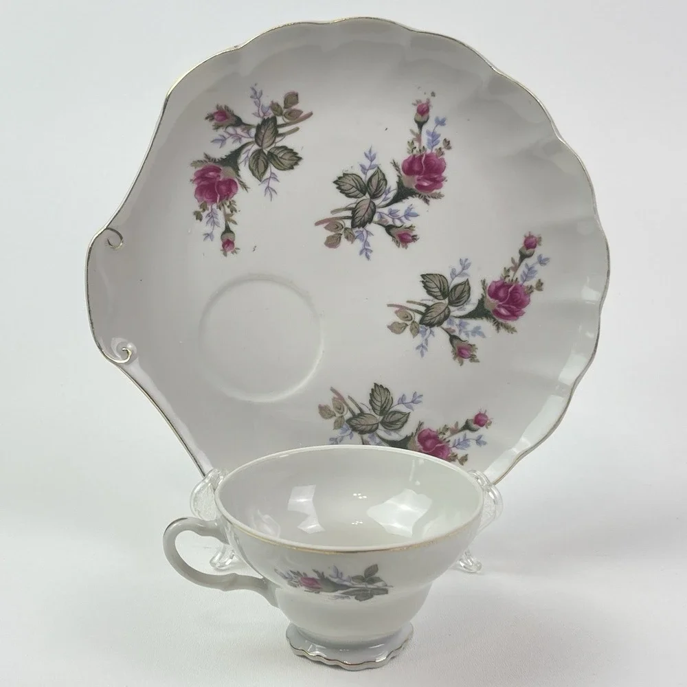 Vintage Dessert Plate and Cup Scalloped Roses Hand Painted Tea And Cake Snack‎